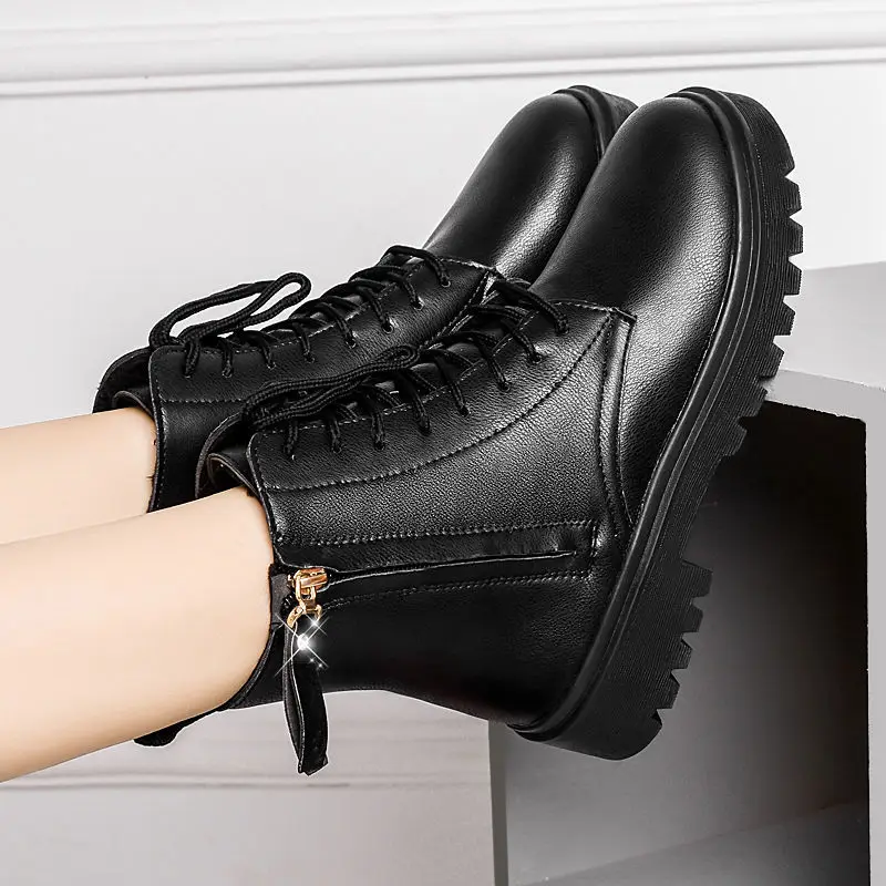 

Women Flat Platform Ankle Boots Spring Boot Black Lace Up Black Medium Creepers Shoes Fashion Party Footwear