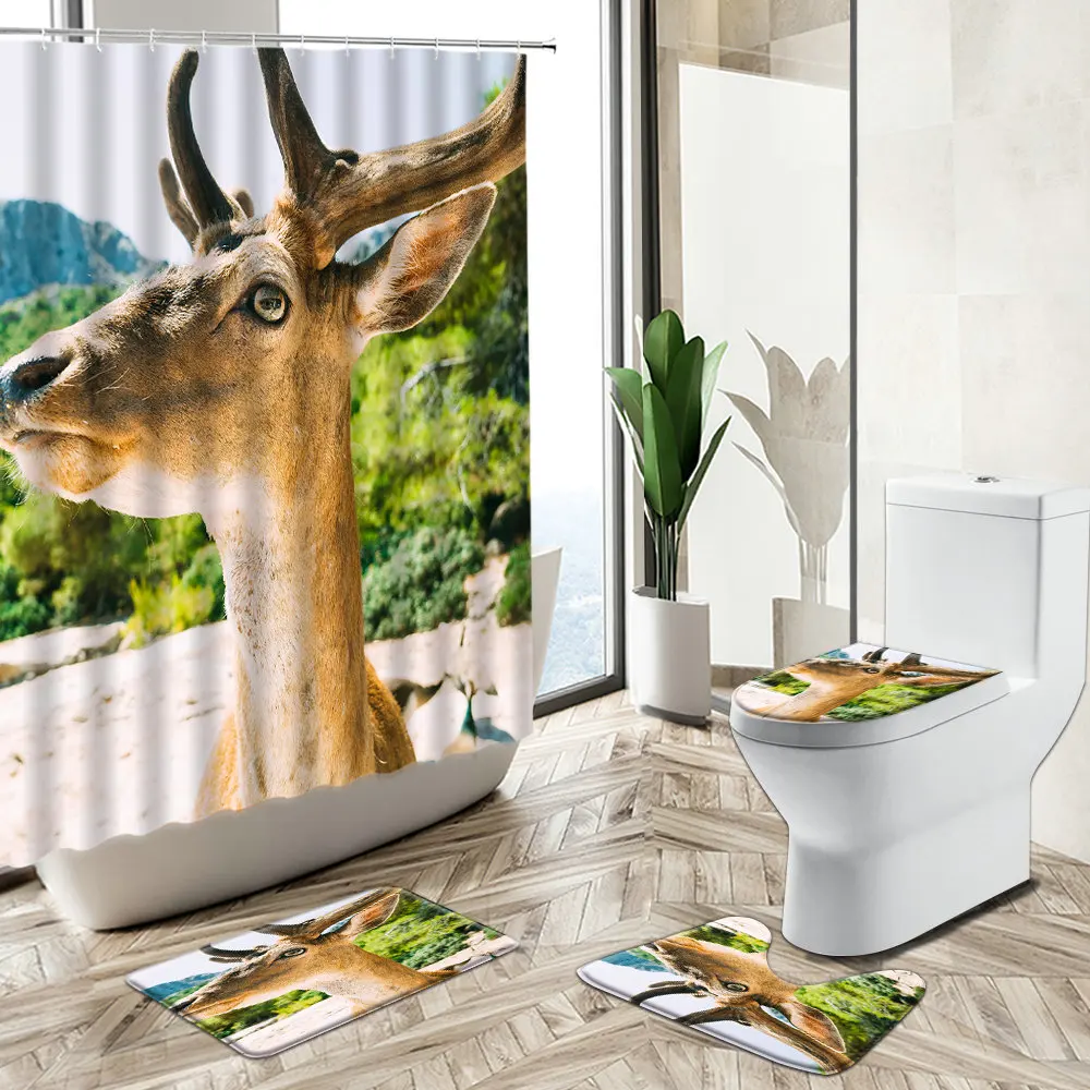 Economici Forest Sika Deer Landscape Set Di Tende Per Doccia Scenario Naturale Animali Selvatici Bagno Impermeabile Tappeto Antiscivolo Copriwater Tappetino Da Bagno