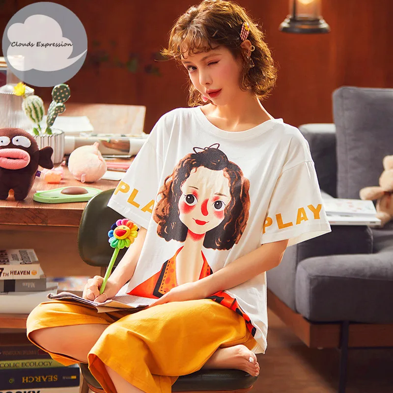 Лидер продаж хлопковые Пижамные комплекты с коротким рукавом женские пижамы