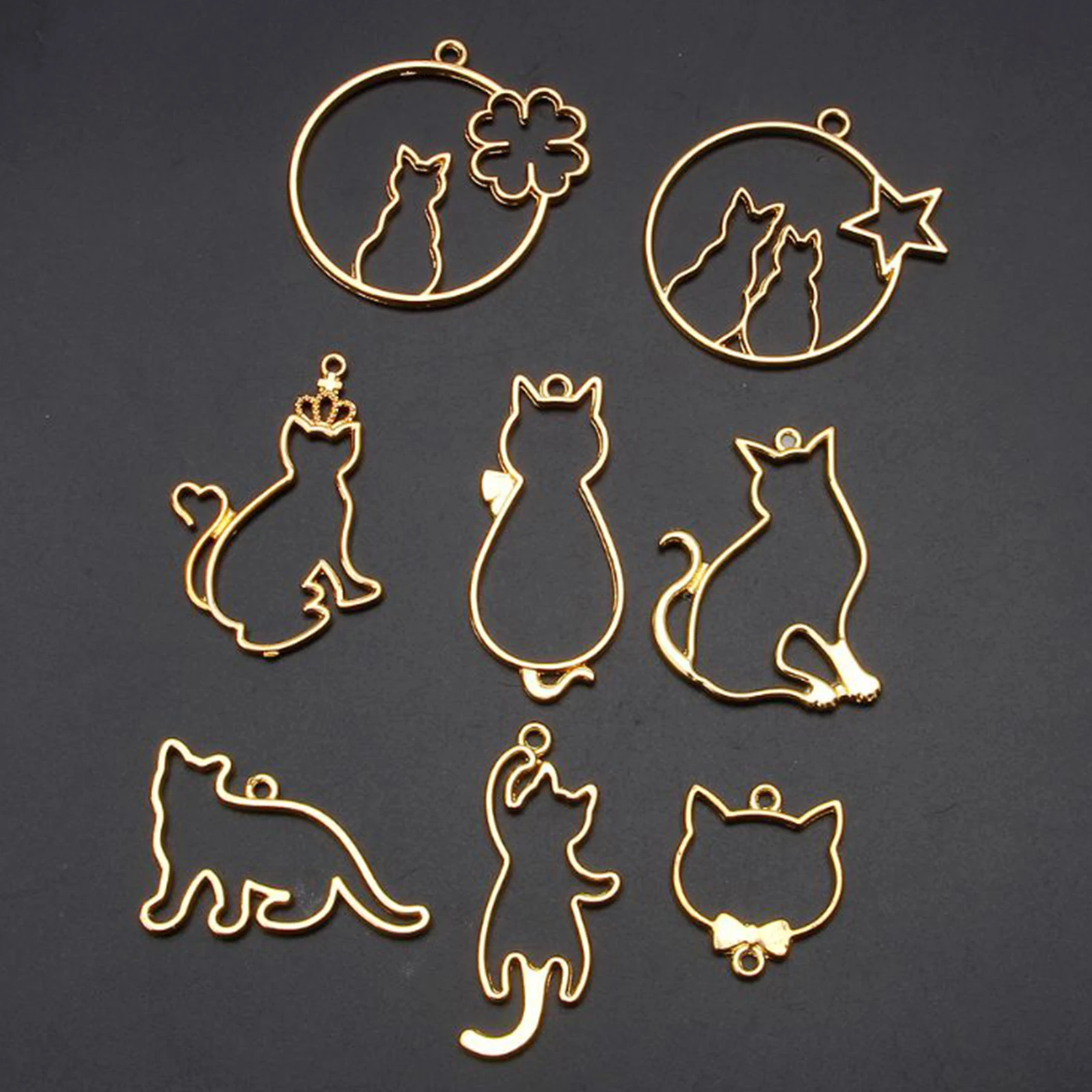 

8pcs Cute Cat Open Bezel Pendants Open Back Charms Resin Molds for Pressed Flower Frame Assorted Geometric Hollow Trays