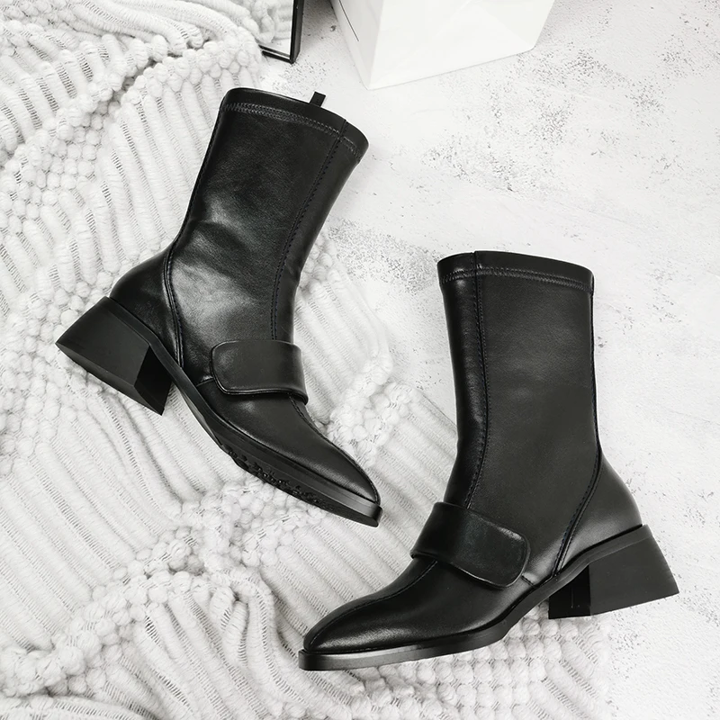 

British Style Women Boots Winter Zip Black Genuine Leather Runway Casual Boots Motorcycle High-Top Booties Zapatos De Mujer