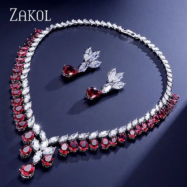 Red Новинка от бренда ZAKOL, серьги в виде капли воды с кубическим цирконием и ожерелье, ювелирный набор, роскошный свадебный ужин, платье по заводской цене, FSSP306 - Окраска металла: Red
