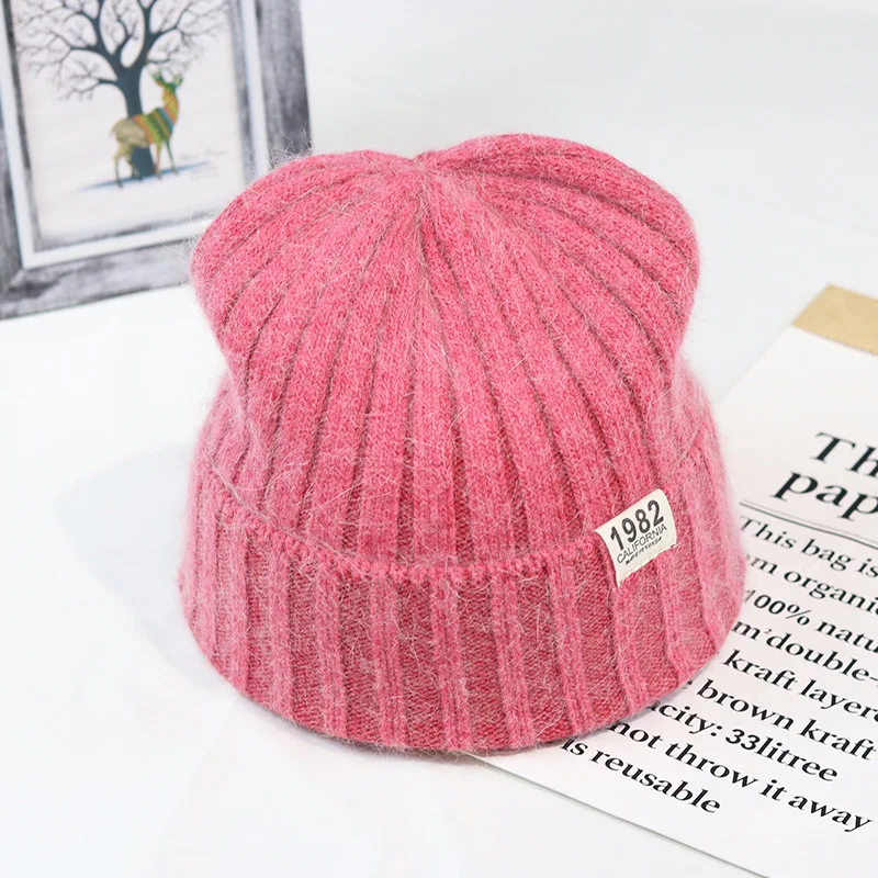 Модная однотонная вязаная шапка Шапка-бини из кроличьего меха для женщин зимняя