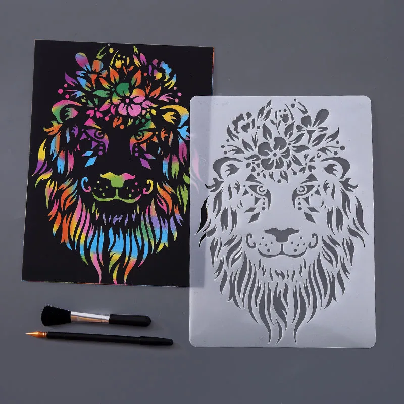 A4 Animal Home Decoration Hollow Scratch Painting Template Lion Drawing Template Educational Toys Scribble Diary Template Tool