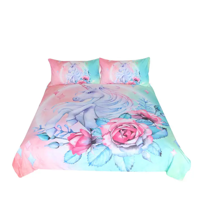 Unicorn Bedding Set Cartoon for Kids Rose Duvet Cover Girly Twin Queen King Bed Pink Blue Floral Home Textiles | Дом и сад