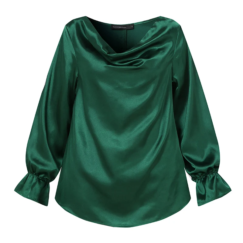 Women Satin Tops Tunics Autumn Blouses Celmia 2022 Fashion Casual Sexy Cowl Neck Elegant Shirts Long Flare Sleeve Party Blusas