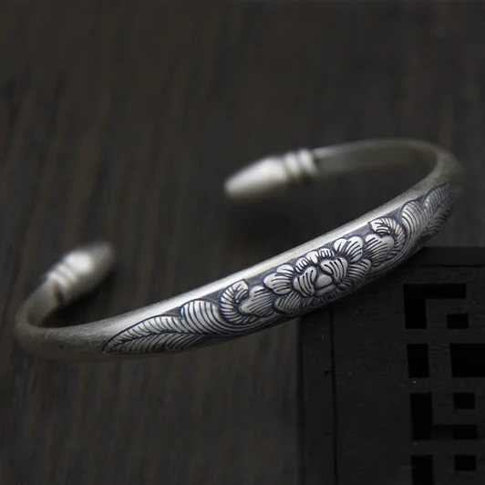 Браслеты в национальном стиле ширина 9 мм серебро 999 пробы резьба по пиону манжеты
