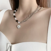 hip hop sparkly rhinestone love heart pendant necklace for women girls white black simulation pearl beaded necklace accessories