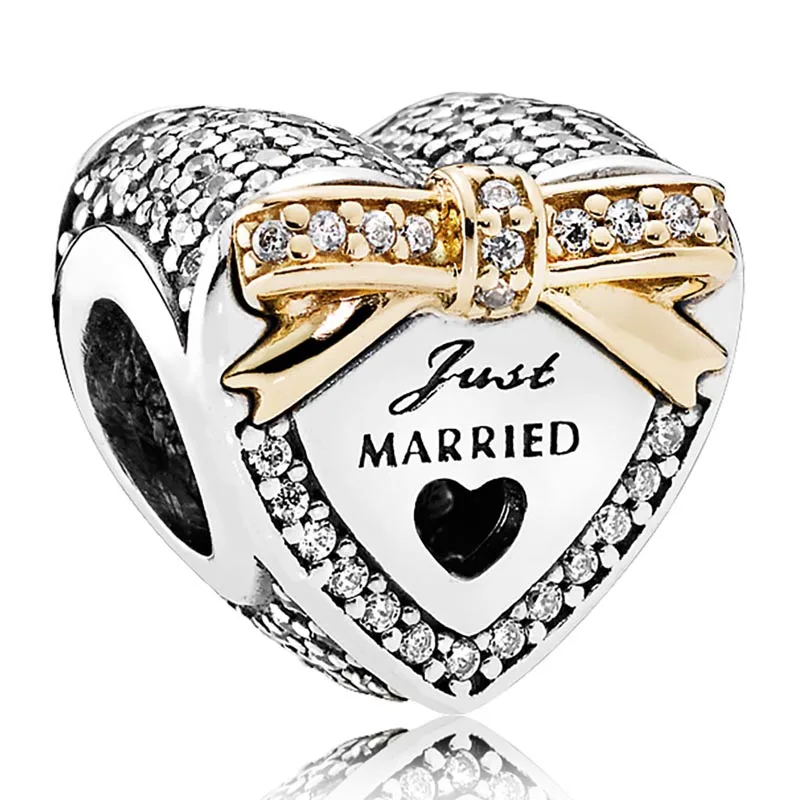 

Original Crystal Wedding Love Heart With Gold Bow Charm Diy Jewelry Fit 925 Sterling Silver Bead Popular Bracelet Necklace
