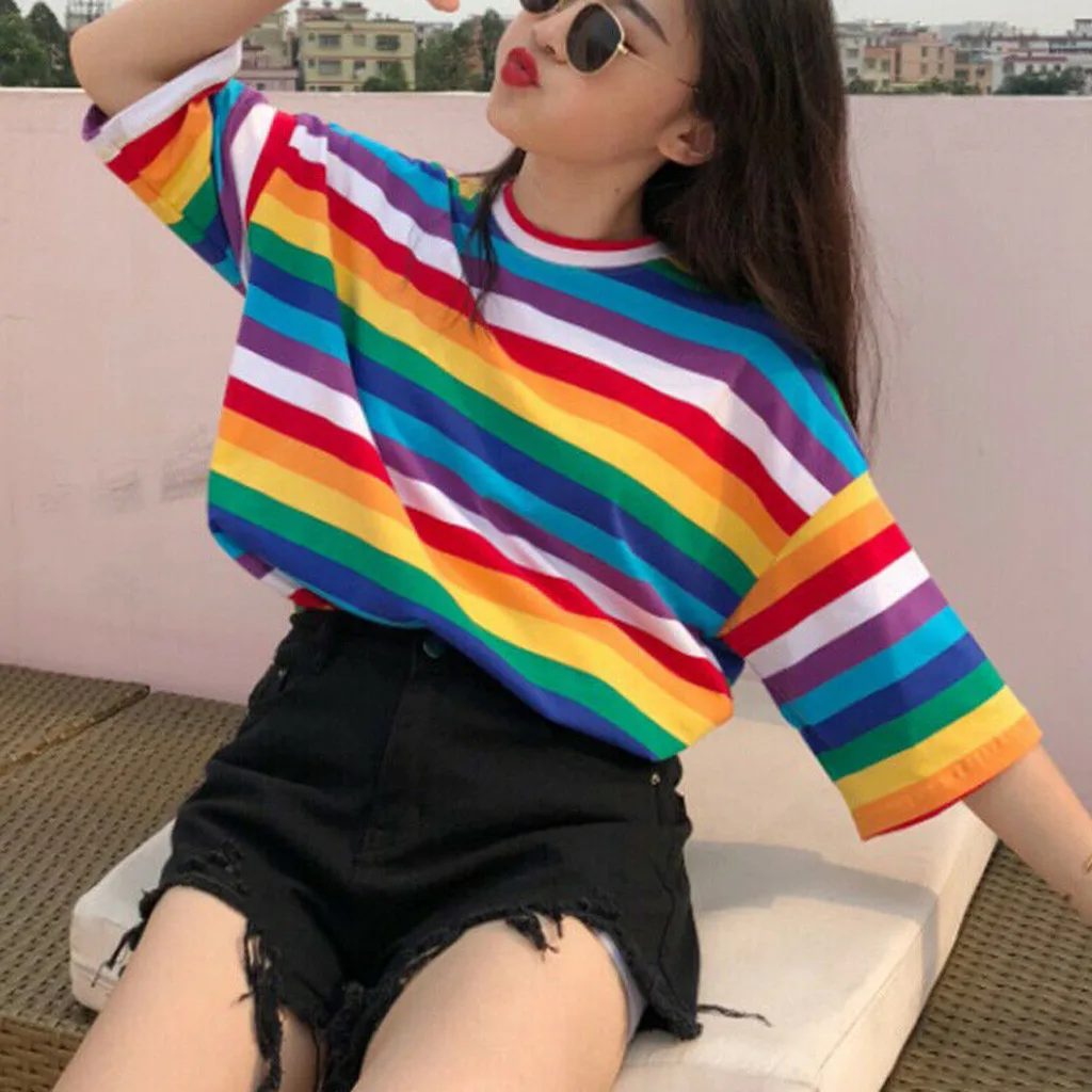Новинка 2019 модная женская футболка радужная полоска принт длинный рукав harajuku в