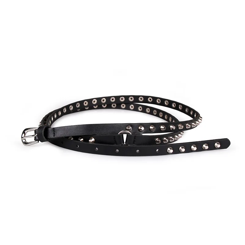 

Women's Rivet Punk Belts Black Thin Long Waistbelts Female New Fashion Brand Designer tied strap Locomotive belt