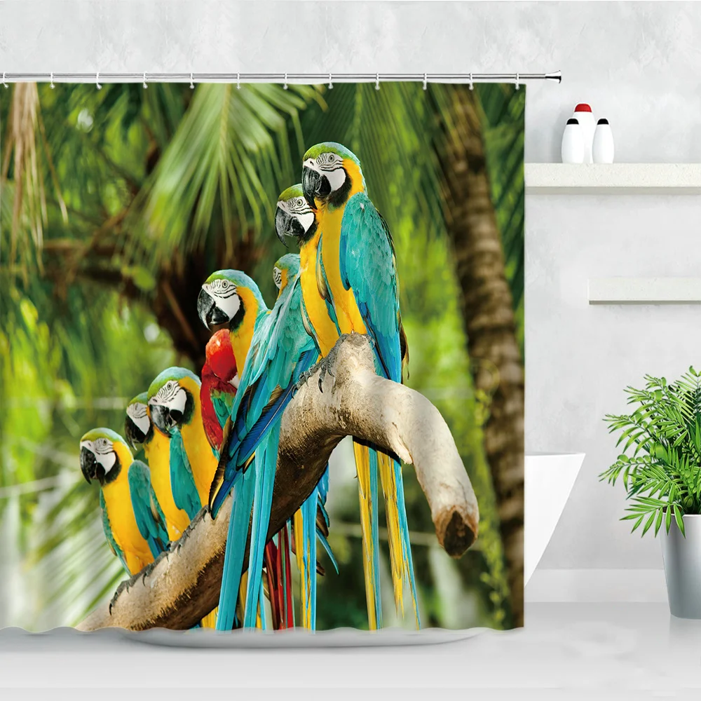 

Занавеска для душа с рисунком попугая, цветные перья, птицы, Тропическое зеленое растение, Пальмовые Листья, водонепроницаемые декоративны...