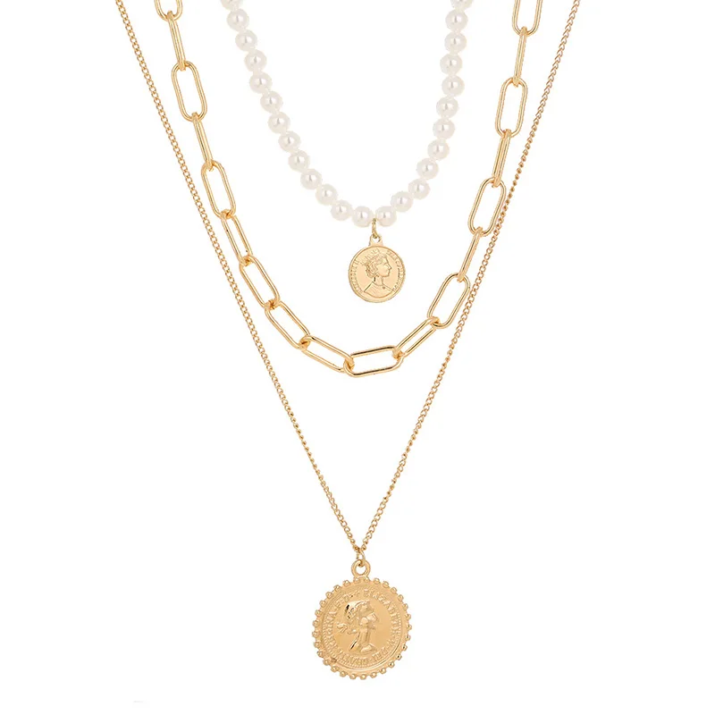

Multilayer Necklace for Women Vintage Coin Pendant Necklaces Temperament Pearl Gold Chain Choker Simple Jewelry Accessories Gift