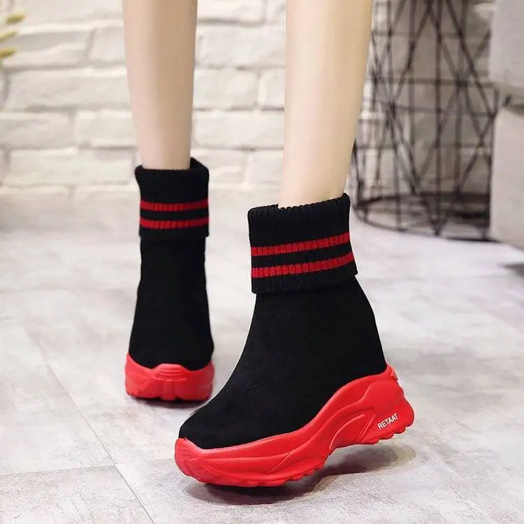 

Autumn and winter thick sole stripe inside casual high heel muffin sole cotton Martin boots women's soft sole single shoes