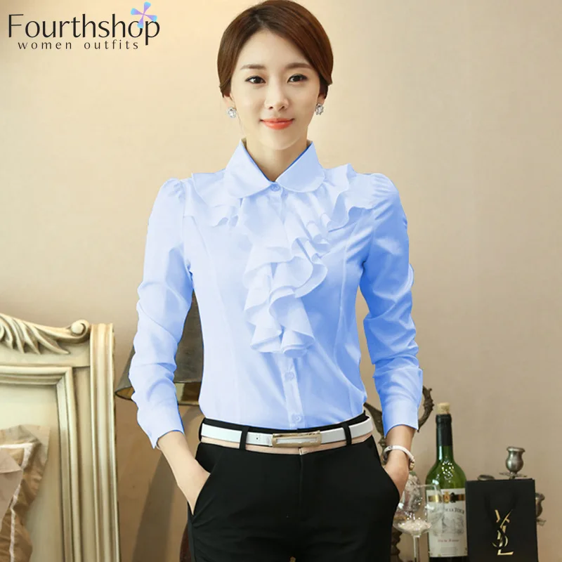 Блузка женская с оборками и длинным рукавом модная белая офисная формальная