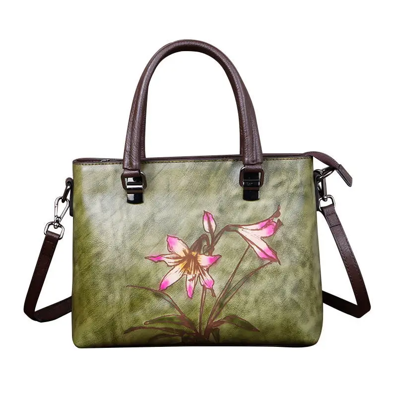 

New fashion and versatile women's bag hand painted and printed leather one shoulder slant cross Tote Bag
