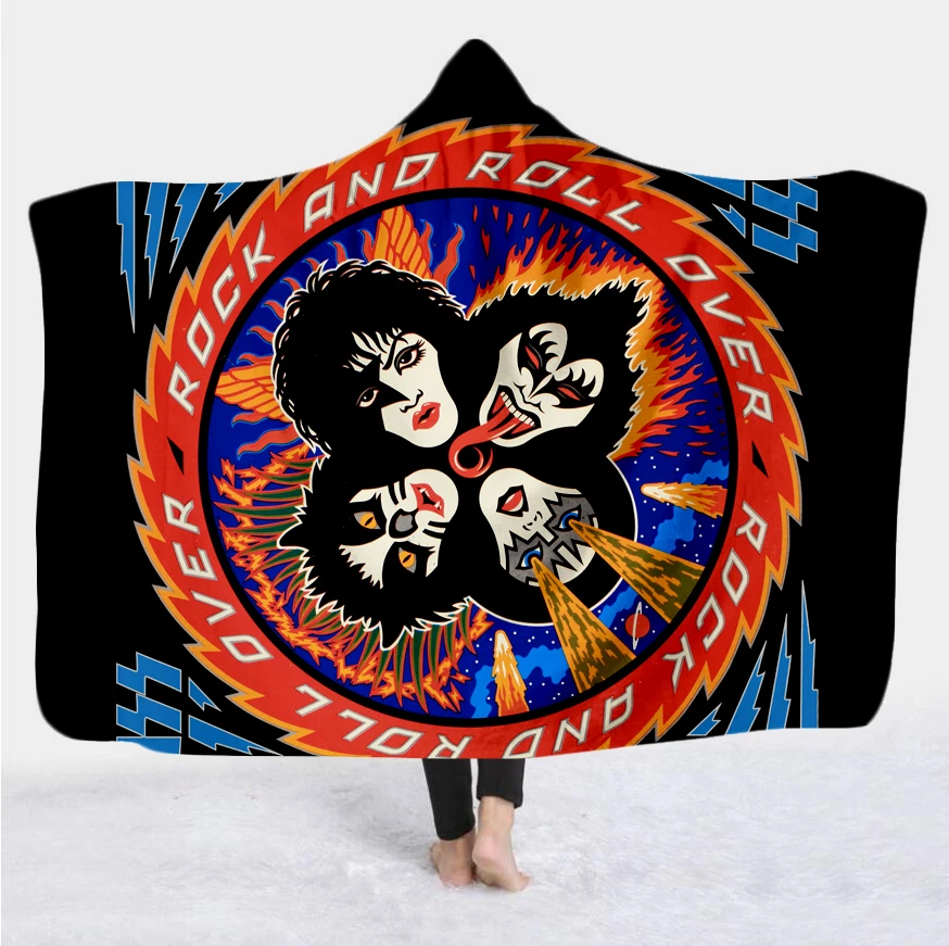 

KISS Hooded Blanket 3D full print Wearable Blanket Adults men women Fleece Blanket Rock Quilt style-4
