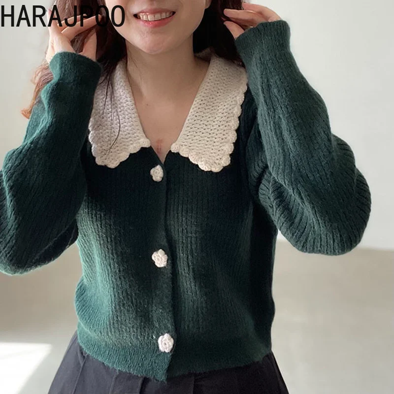 

Женский трикотажный кардиган Harajpoo, Винтажный Зеленый однотонный Повседневный свитер в Корейском стиле с лацканами, Осень-зима