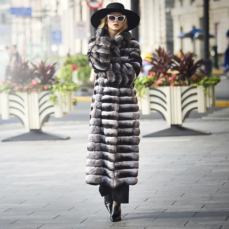 FURSARCAR 2021 New Luxurious Winter Women's Jacket Natural Real Rex Rabbit Fur Coat with Collar Fashion 120cm Long Outwear