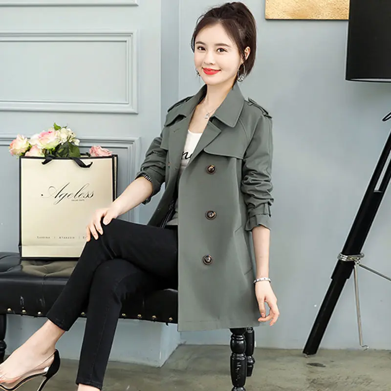 Женский двубортный Тренч свободное однотонное пальто средней длины в Корейском