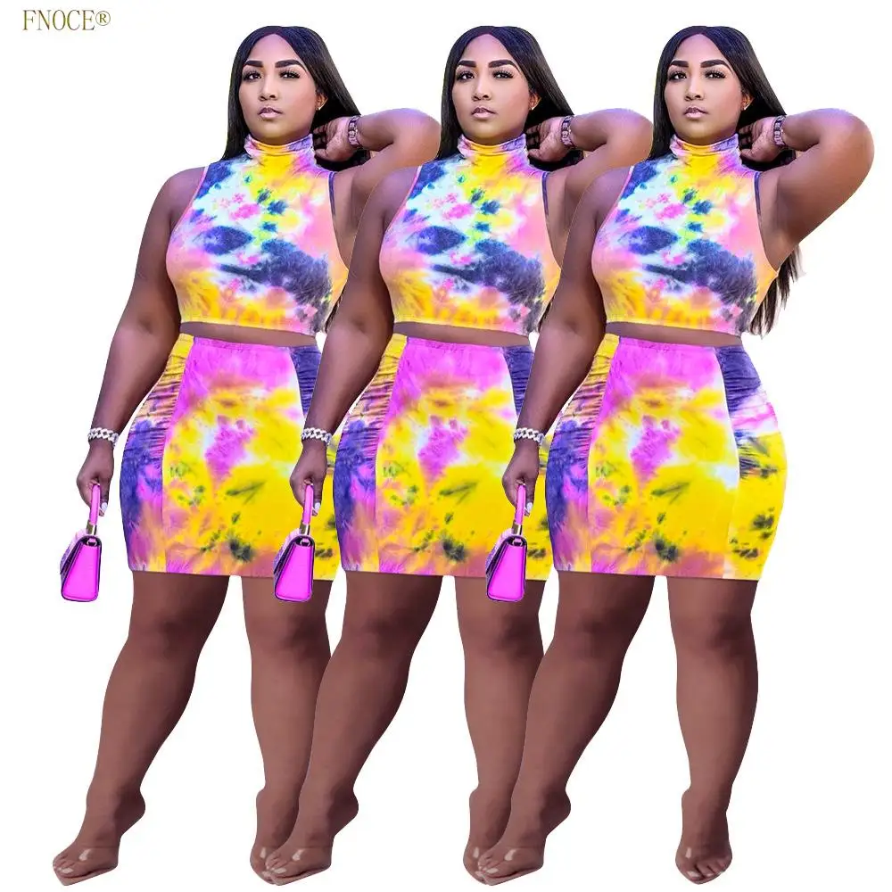 

FNOCE Summer New Style Hot Sale Women's printed Tie-dye Sleeveless Pleated Skirt Two-piece Suit