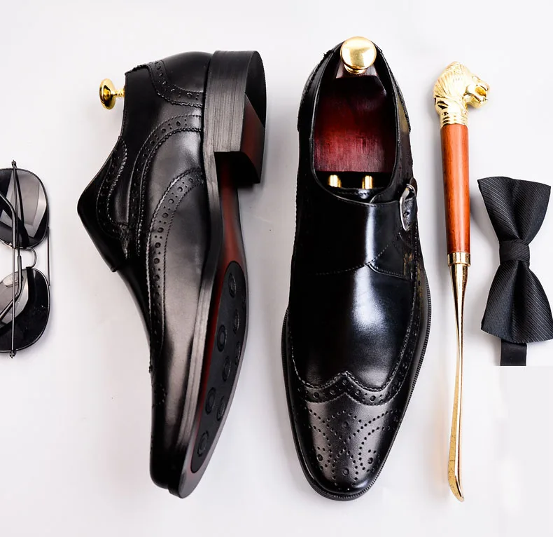 

QYFCIOUFU Men's Genuine Leather Shoes Business Dress Formal Shoes Men England Fashion Brogue Shoes Oxfords Monk Strap Shoes
