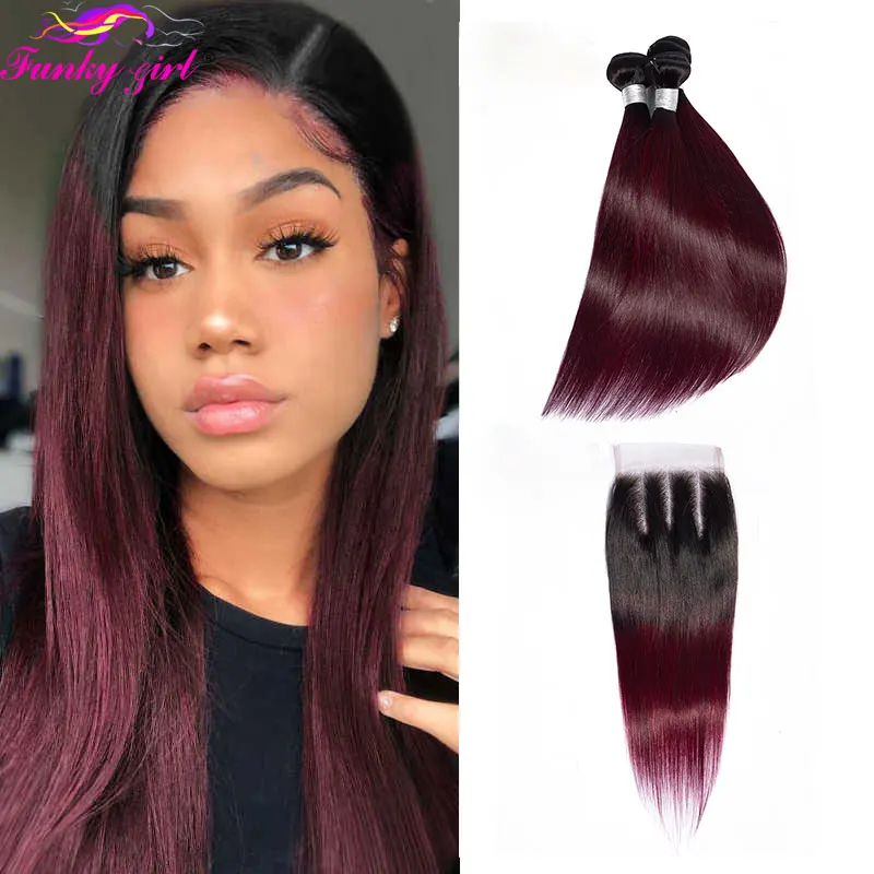 FG 1B/99J 4x4 Lace Closure Human Hair Bundles With 4x4 Closure Brazilian Hair Weave Bundles Straight 3 Bundles With Closure