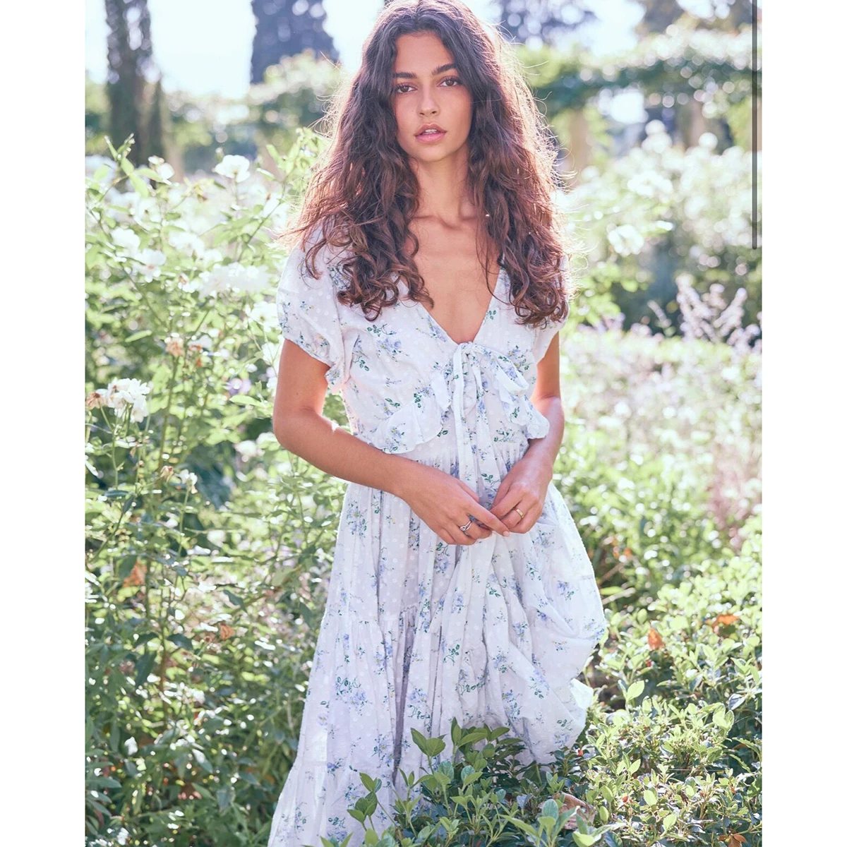 

Jastie Bohemian Floral Print Midi Dresses Women Puff Sleeve V Neck Ruffle Bow Long Dress Summer 2021 Casual Beach Vestidos