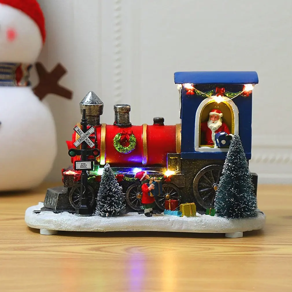 

Светодиодный светильник Санта-Клауса, Рождественская Снежная сцена, поезд, светящийся орнамент из смолы, рождественское домашнее украшени...