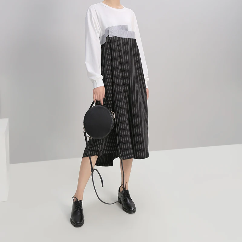 Новинка 2019 корейский стиль женское черное лоскутное Полосатое платье с поясом