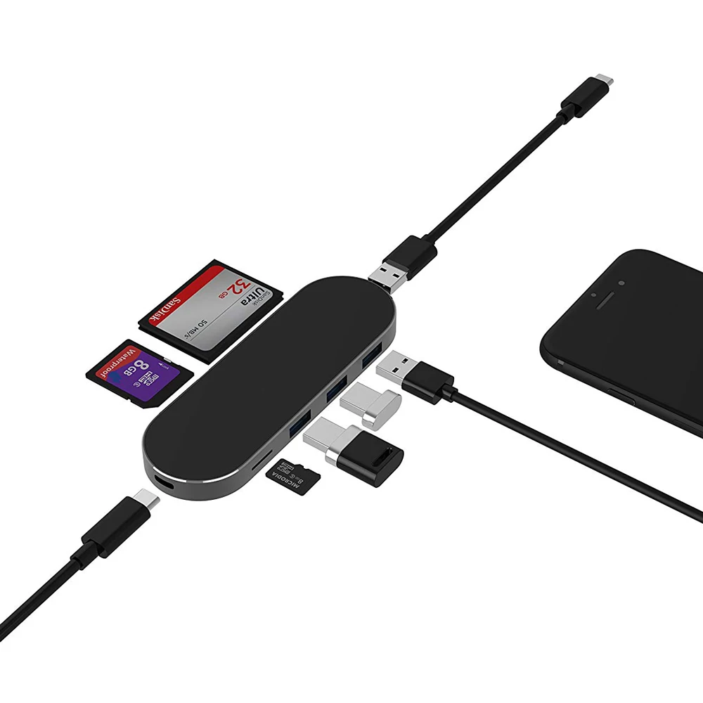 Концентратор USB Type C адаптер 7в1 многопортовый SD TF кард-ридер USB адаптер высокоскоростной передачи данных USB 3,0 зарядный порт для MacBook