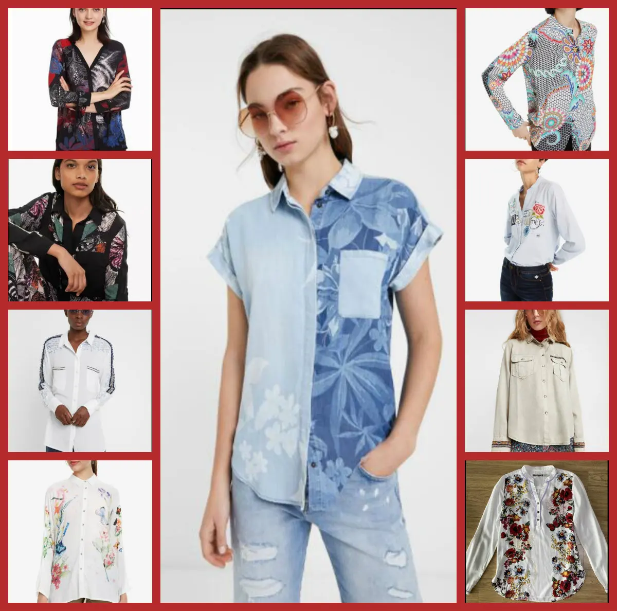 

Spanish Desigual lady new chiffon print shirt slim European and American style shirt embroidery splicing color lady trend shirt