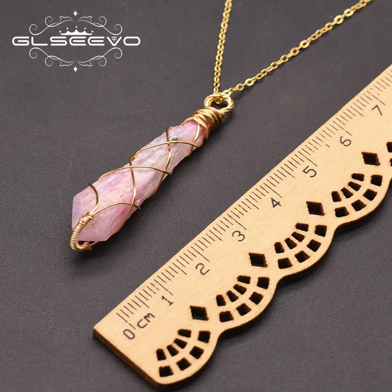 

GLSEEVO 925 Sterling Silver Natural Pink Crystal Pendant Necklace For Women Girl Minimalist Jewelry Colgantes Mujer Moda GN0140B