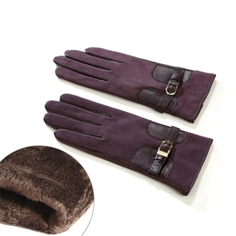 Dark Purple Женские перчатки из натуральной кожи, женские модные перчатки с металлической пряжкой, осенне-зимние замшевые перчатки из овчины с плюшевой подкладкой, 3306 - Цвет: Dark Purple