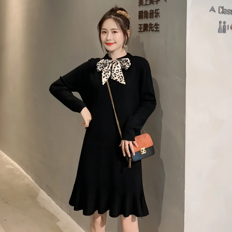 Леопардовый принт бант воротник для беременных Длинный свободный свитер женщин