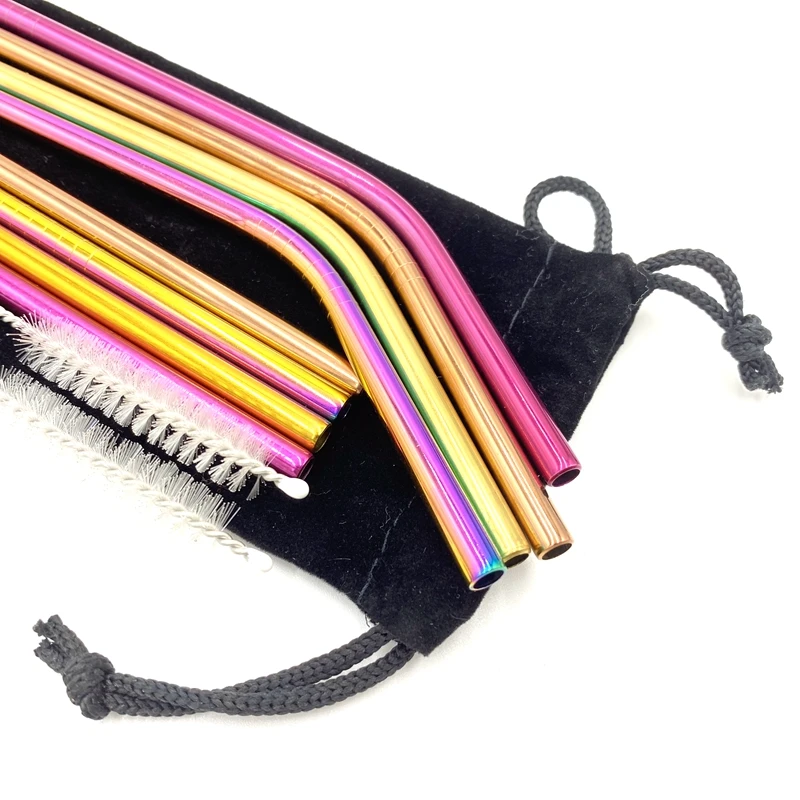 

Металлические многоразовые соломинки из нержавеющей стали 304, прямая изогнутая Питьевая соломинка с сумкой, набор кистей для чистки, аксесс...