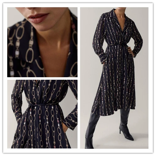 

2021 Women Dress Autumn and Winter New Chain Print Long Belt Simple Dress