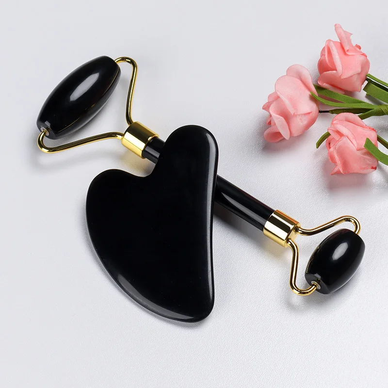 

Black Obsidian Face Massage Jade Roller Gua Sha Set Natural Gouache Scraper Guasha Facial Roller Massager Lifting Wrinkle Tools