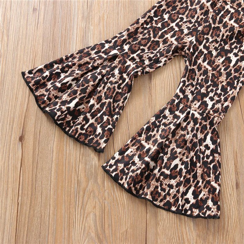 

Newborn Toddler Baby Girls Leopard Print Clothes Sets,3Pcs Fashion Color Block Boat Neck Romper+Flared Pants+Bowknot Headband