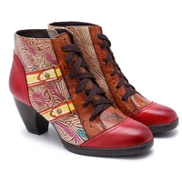 retro bohemian boots women spring autumn cow leather 4cm thick heel motorcycle boots chunky heel ankle lace up woman shoes