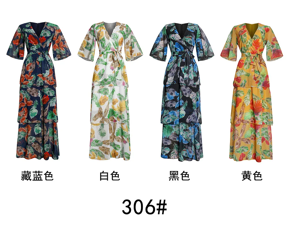 

African Dresses for Women 2021 Summer African Women Printing V-neck Short Sleeve Long Dress African Clothes Maxi Dress