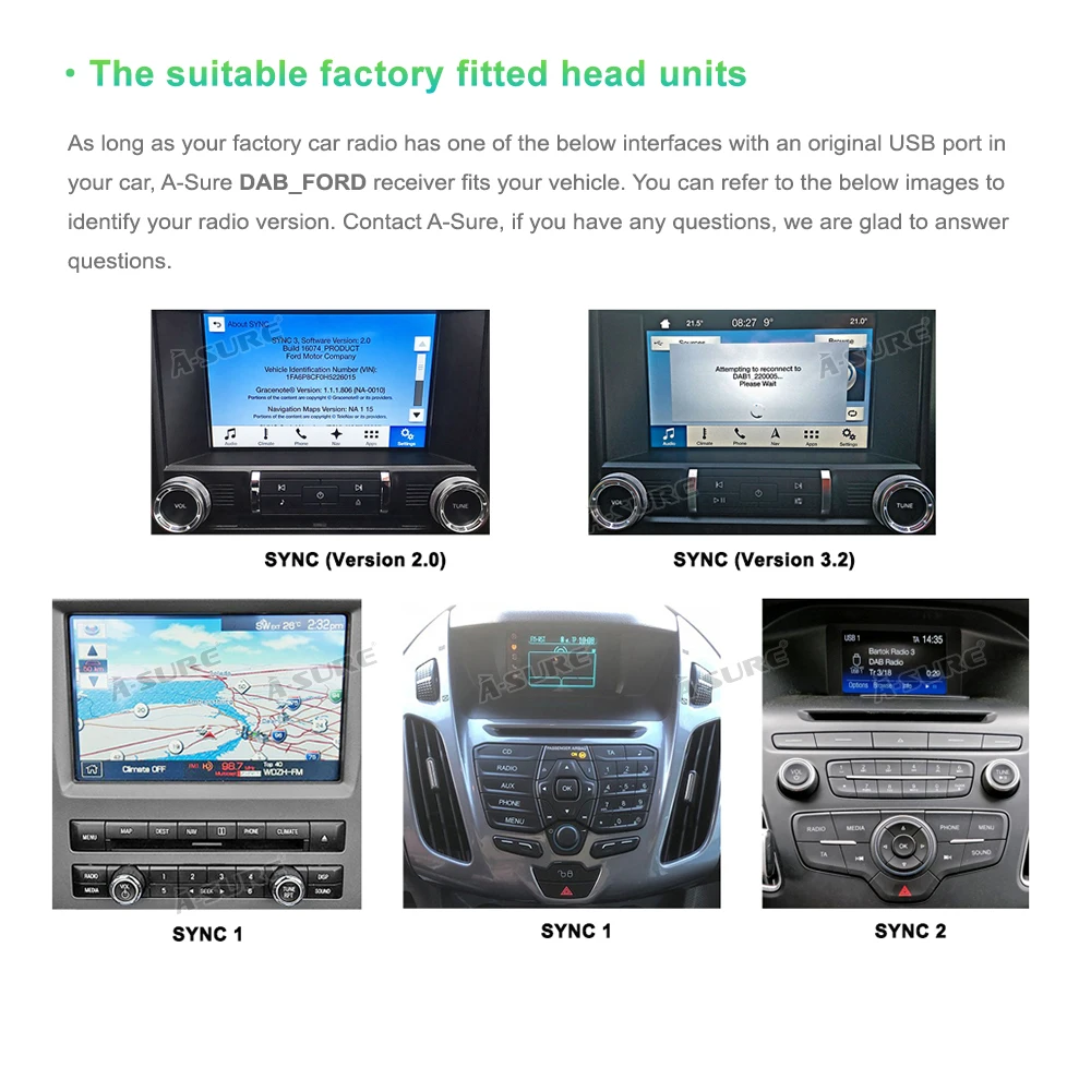 

A-Sure Car Auto Radio Tuner DAB+ Antenna Module USB iDrive Integration For Ford Focus Mondeo Transit Kuga Fiesta