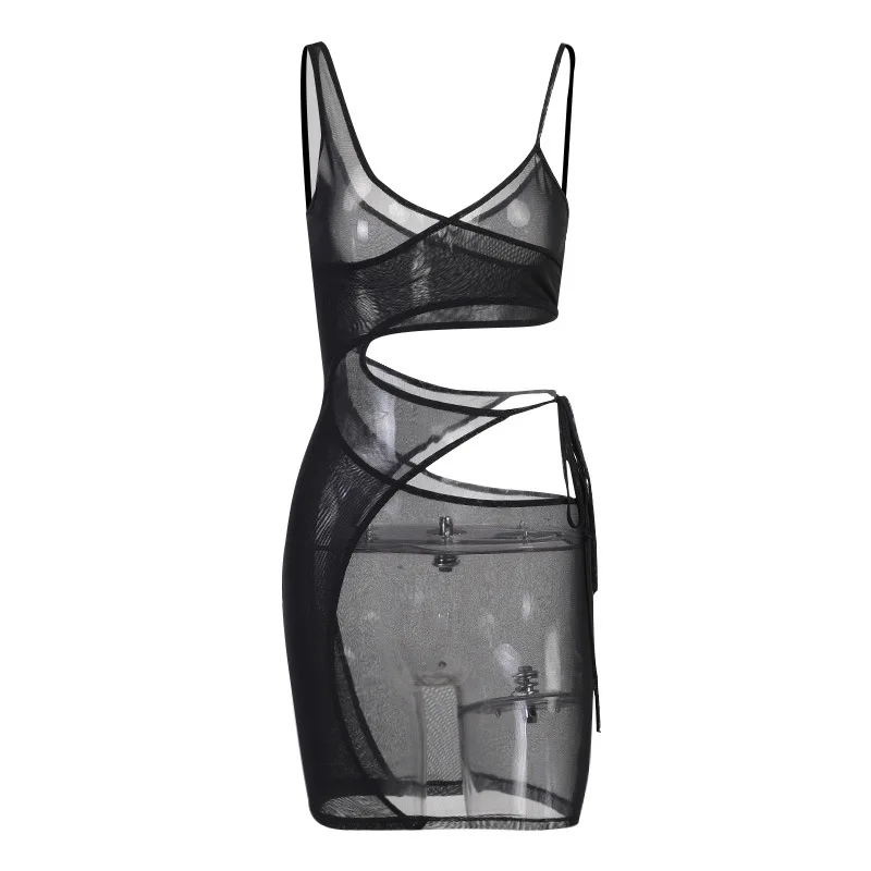 

Mesh Sexy Strap See Through Dress 2021 Summer Hollow Out Sleeveless Dresses for Women Tank Midnight Party Clubwear Skinny Robes