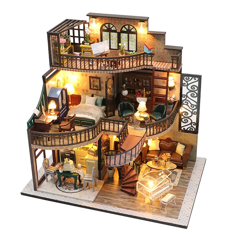 

DIY Wooden Doll House Miniature Furniture With LED Kit Retro Luxury Loft Dollhouses Assemble Toy Children Christmas Gift Casa