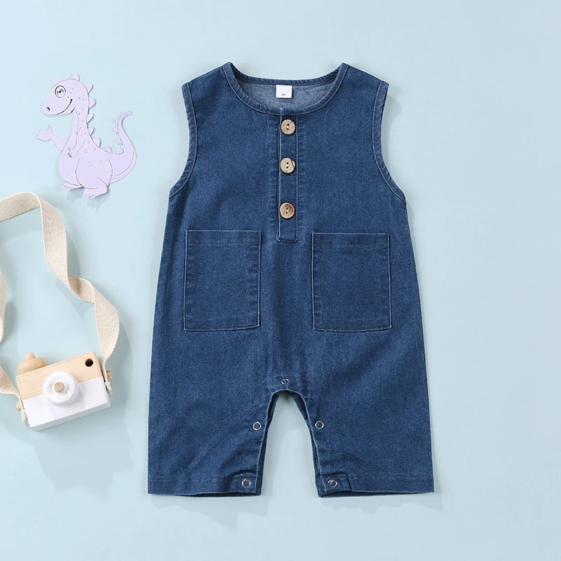 

Baby Romper Sleeveless Design Button Closed Pockets Denim Breathable Simple Jumpsuit