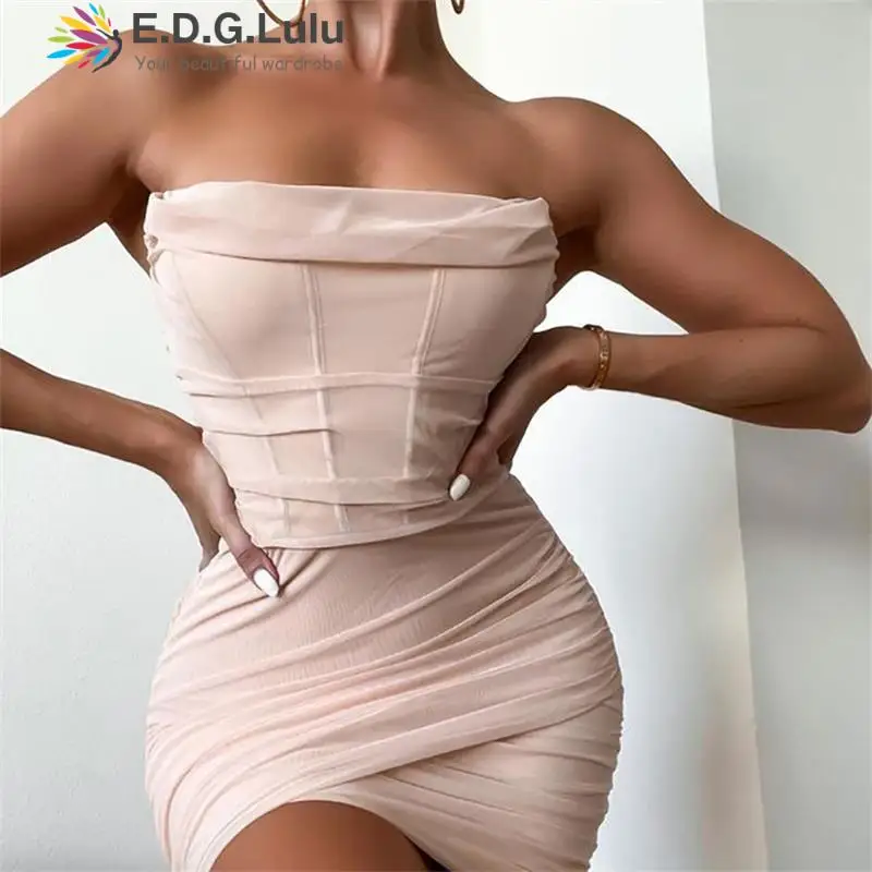 

EDGLuLu 2022, женское однотонное платье без бретелек, сексуальное облегающее эластичное Летнее мини-платье с открытой спиной, асимметричное плат...