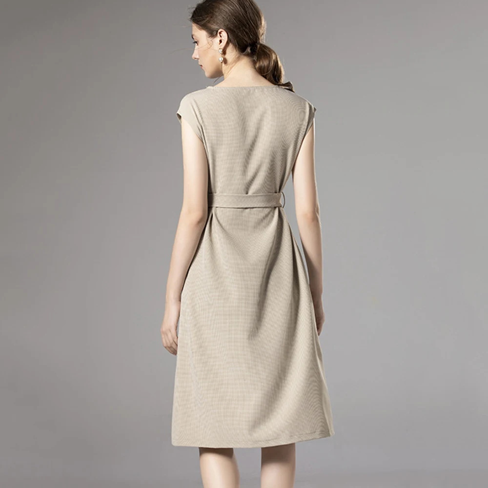 Vestido largo de primavera-verano para mujer, elegante vestido de corte recto con cinturón, cuello redondo, sin mangas, Color liso