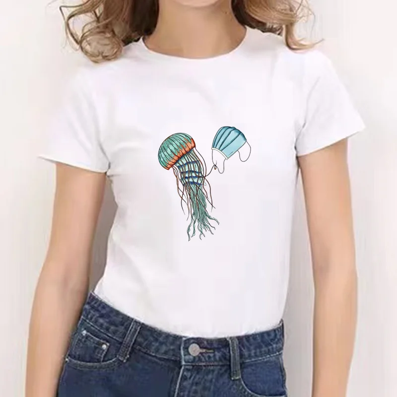 2021 Cheap Kawaii Jellyfish T-shirts White Promotion Casual New Style White Tees O-NECK T-shirt Kawaii Cartoon Graphic T-shirts