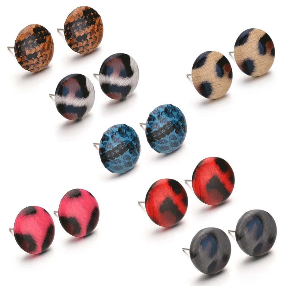 Круглые серьги-гвоздики с эпоксидной смолой для женщин Модные леопардовые