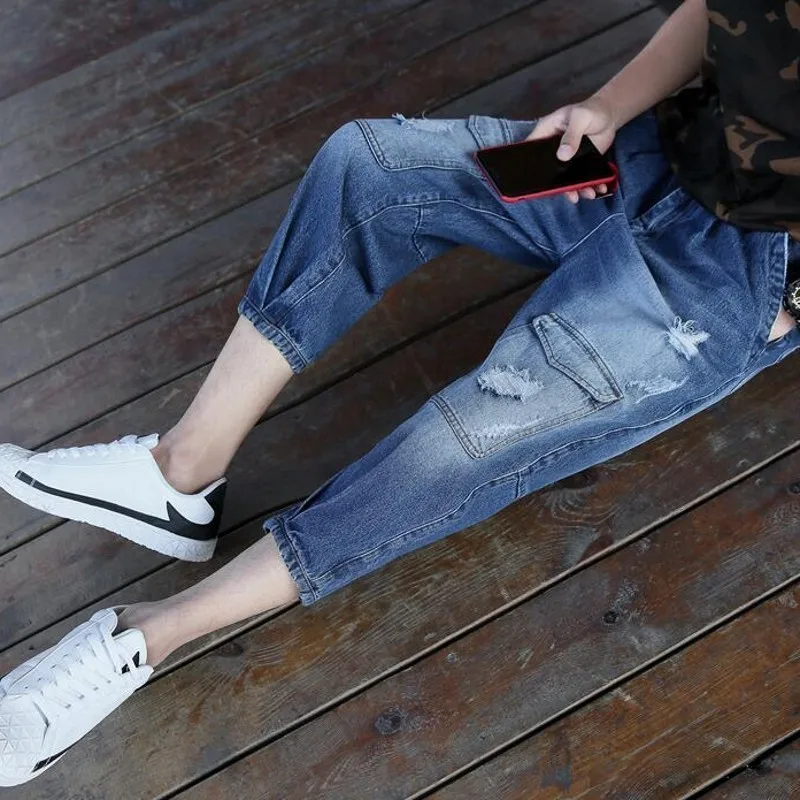 Харадзюку корейские свободные рваные ковбойские джинсы весна лето мода тонкие